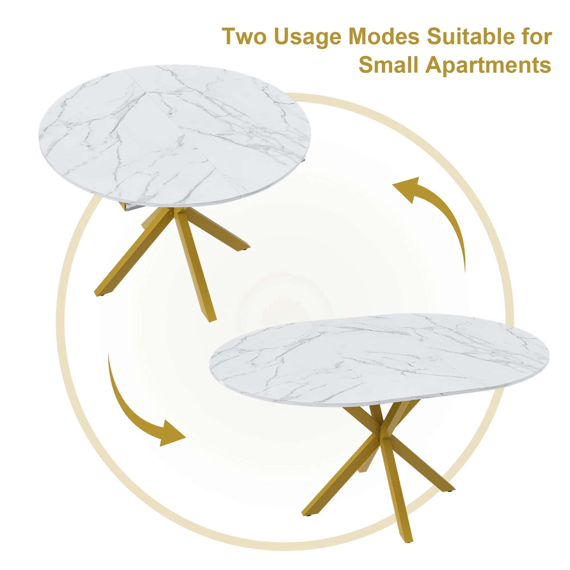 UHOMEPRO Extendable Dining Table with Extendable Blades. Modern Round Kitchen Table with Faux Marble Tabletop. Single Dining Room Table with Carbon Steel X-shaped Base for Dining Room. White+Gold - Image 6