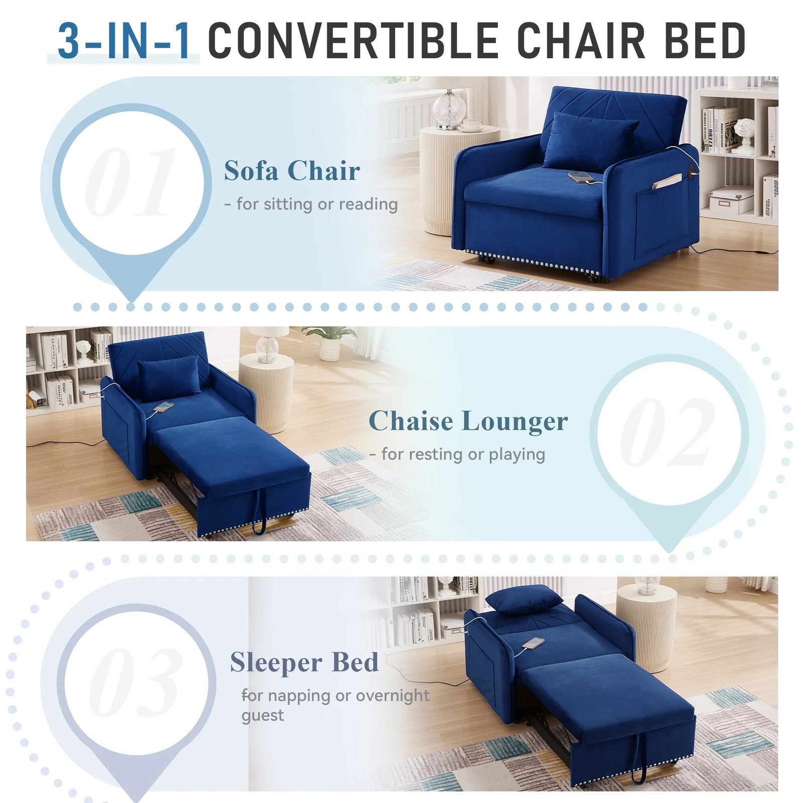 Lunale 3-in-1 Convertible Sleeper Chair Bed. Indoor Lounge Chair with USB/Type-C Charging Ports. Modern Recliner Sofa for Living Room. Gray Velvet - Image 20