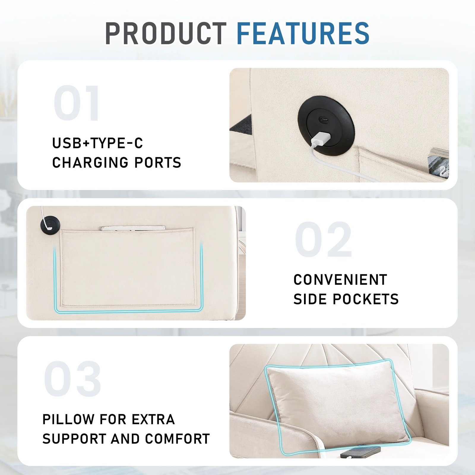 Lunale 3-in-1 Convertible Sleeper Chair Bed. Indoor Lounge Chair with USB/Type-C Charging Ports. Modern Recliner Sofa for Living Room. Gray Velvet - Image 38