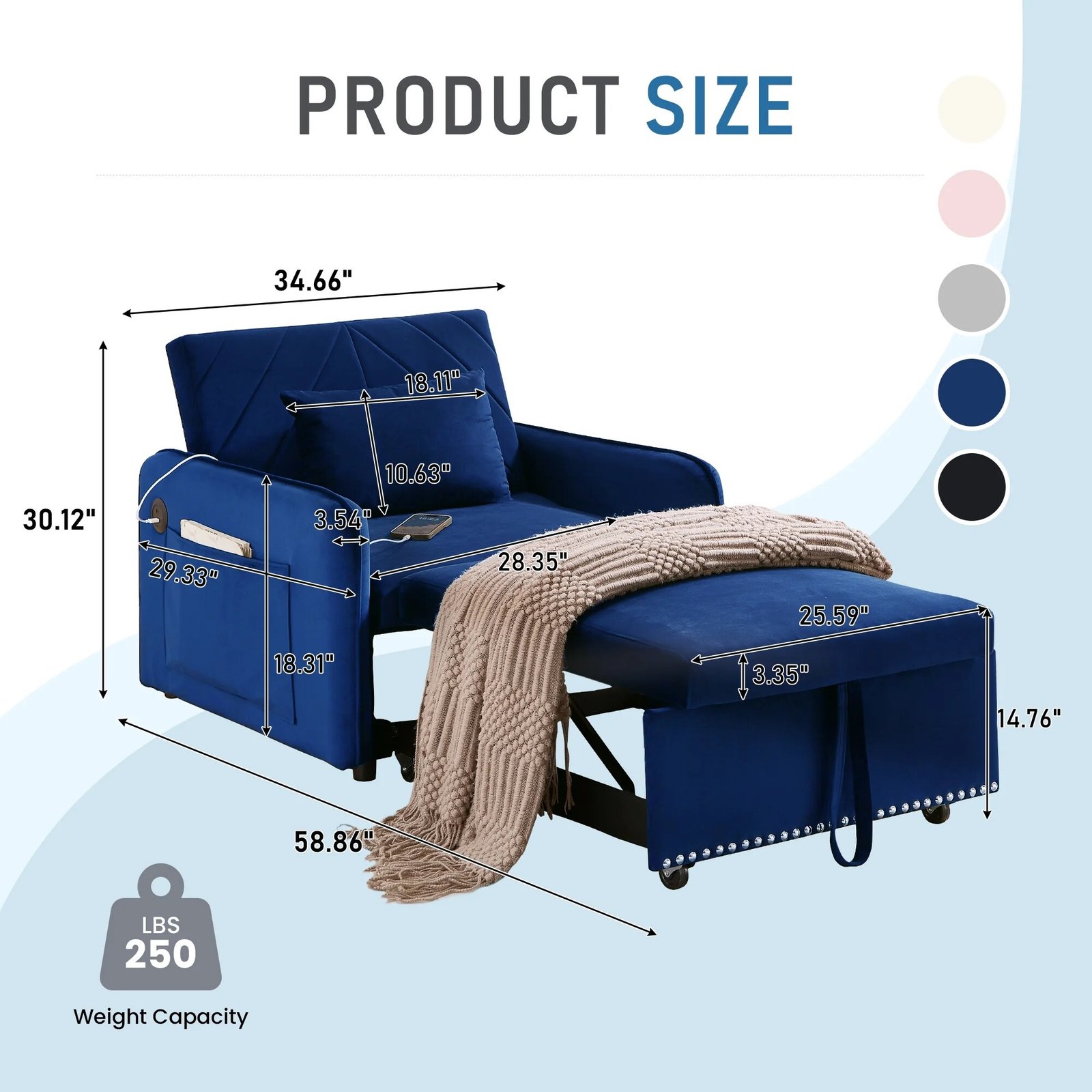 Lunale 3-in-1 Convertible Sleeper Chair Bed. Indoor Lounge Chair with USB/Type-C Charging Ports. Modern Recliner Sofa for Living Room. Gray Velvet - Image 26