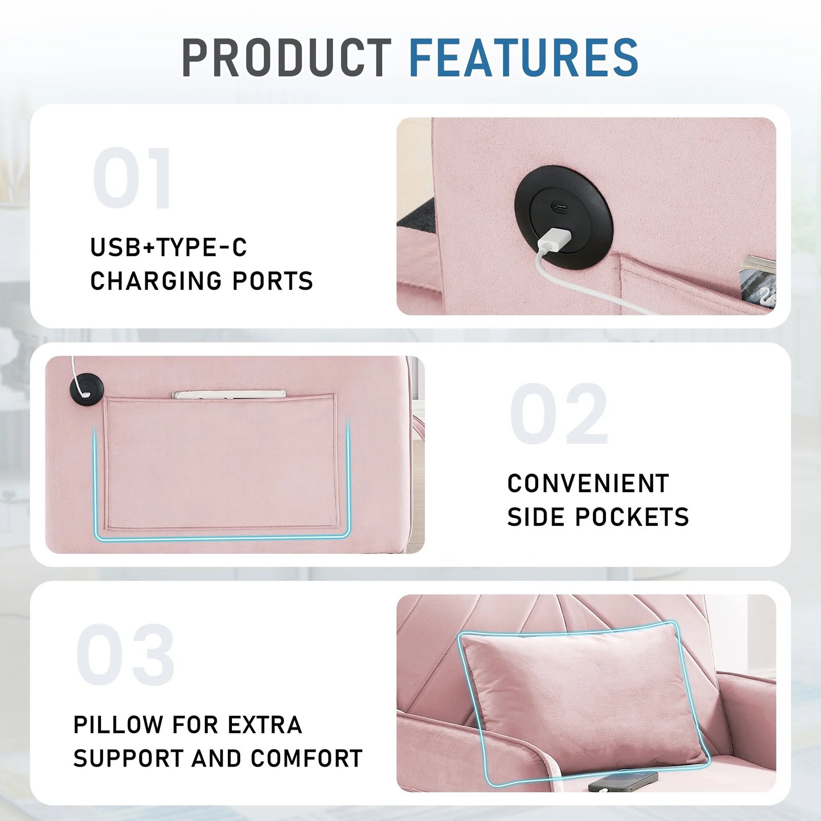 Lunale 3-in-1 Convertible Sleeper Chair Bed. Indoor Lounge Chair with USB/Type-C Charging Ports. Modern Recliner Sofa for Living Room. Gray Velvet - Image 31