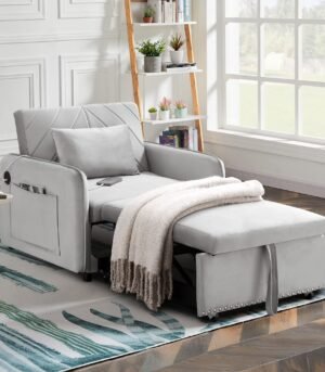 Lunale 3-in-1 Convertible Sleeper Chair Bed. Indoor Lounge Chair with USB/Type-C Charging Ports. Modern Recliner Sofa for Living Room. Gray Velvet
