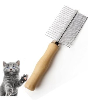 Dog Cat Pet Comb Double-Sided Grooming Brush Metal Comb for Loosening up Removing Mats Debris Tangles and Knots Wooden Handle Stainless Steel Tooth Perfect for Honghair Pets