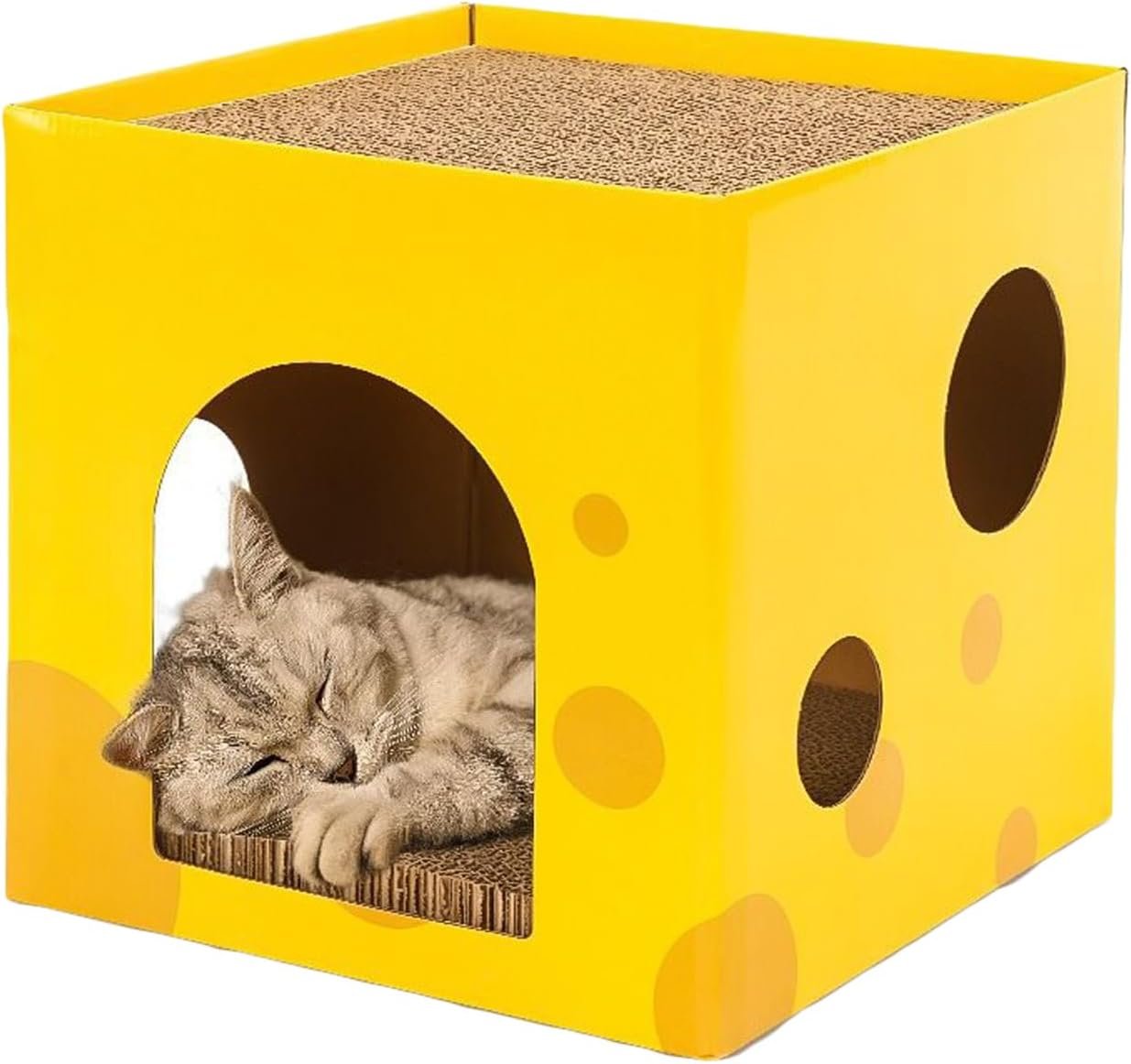 Cat Scratcher Cardboard Cat House, Double Layers Cat Scratcher Box with Cat Hole, Cat Bed Reversible Cat Scratching Board, Cat Scratcher Lounge Foldable Cat Scratcher House for Indoor Cats 12x12x12”