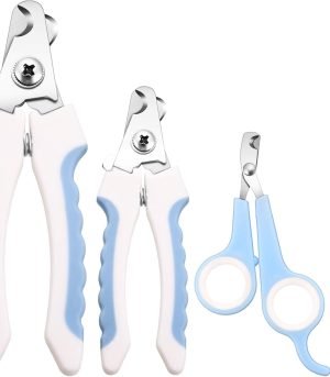 4 Pieces Dog Nail Clippers Kit Dog Cat Pets Nail Clippers and Trimmers with Safety Guard to Avoid Over Cutting for Large Small Animals Pet Grooming (Blue and White)