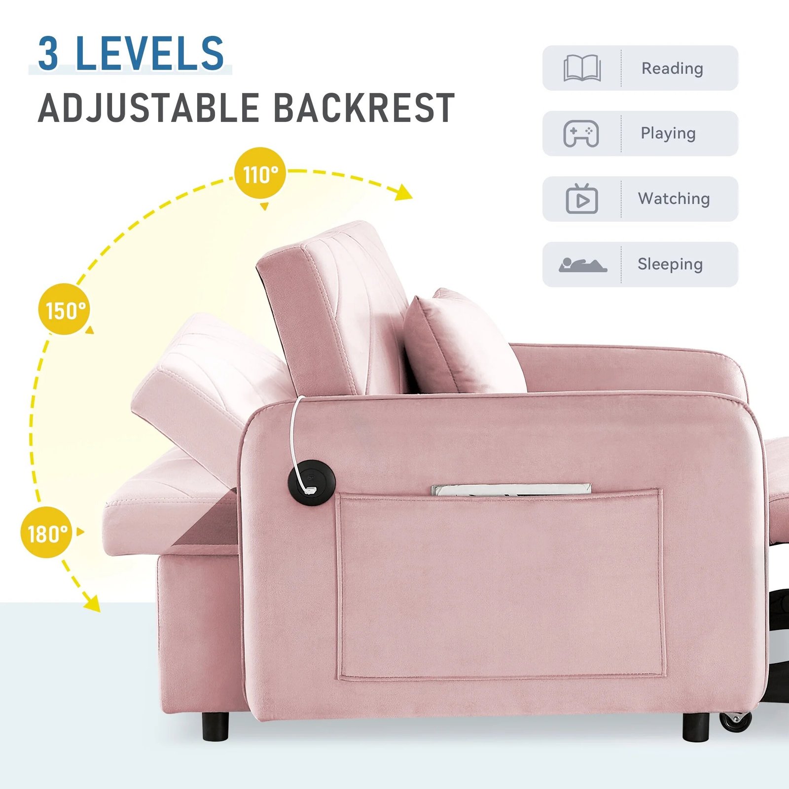 Lunale 3-in-1 Convertible Sleeper Chair Bed. Indoor Lounge Chair with USB/Type-C Charging Ports. Modern Recliner Sofa for Living Room. Gray Velvet - Image 28