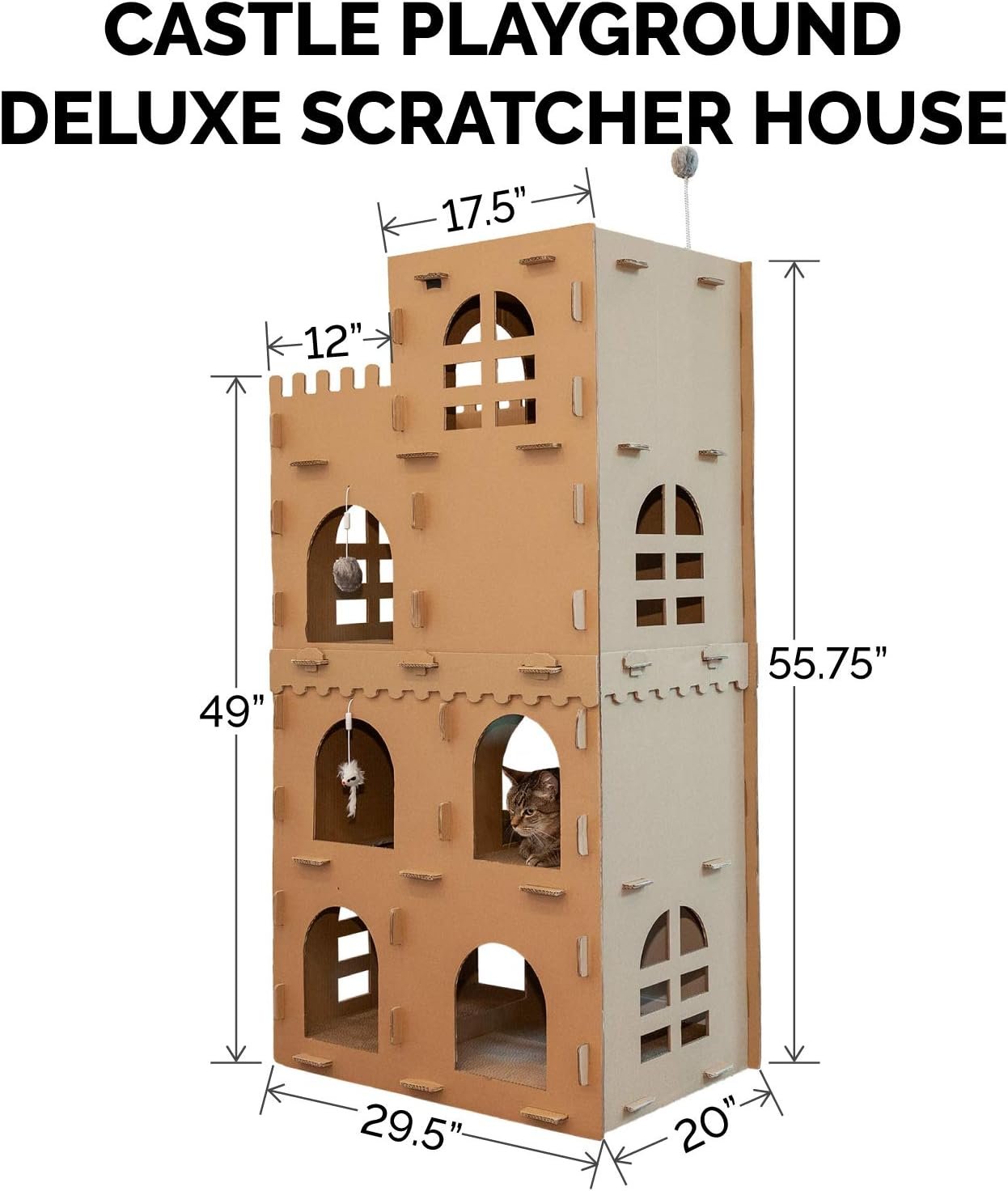 Multi-Level Cardboard Cat Condo w/ Catnip for Indoor Cats, Ft. Scratching Pads & Toys - High Castle Tower Corrugated Cat Scratcher Hideout - Cardboard Brown, One Size - Image 2
