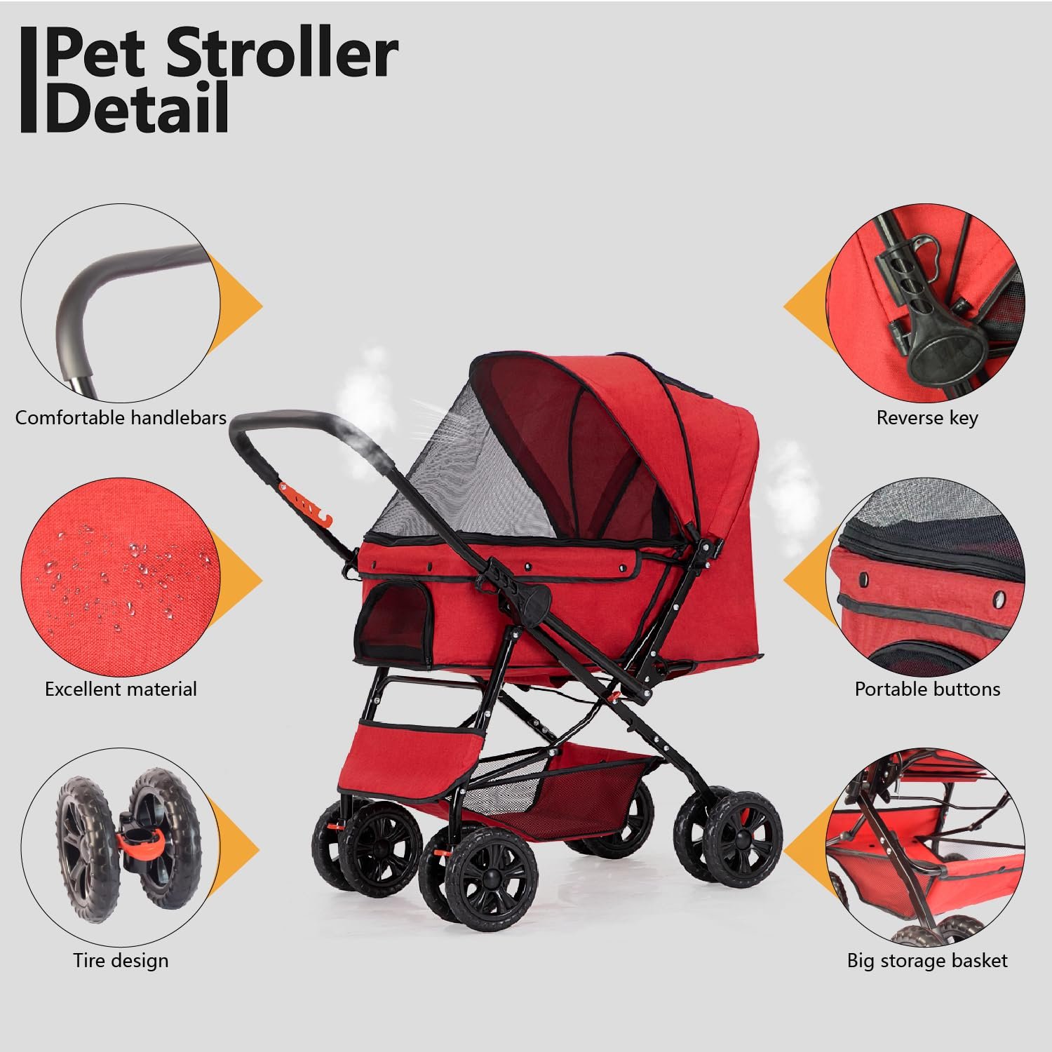 Reversible Handlebar Pet Stroller for Medium Dogs, Dog Stroller with 360 Rotating Front Wheel, Foot Brake, Wide Mesh Canopy, 2 Security Leashes, Cup Holder, and Storage Basket (Red) - Image 2