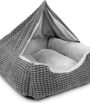 Dog Beds for Large Medium Small Dogs, Rectangle Cave Hooded Blanket Puppy Bed, Luxury Anti-Anxiety Orthopedic Cat Beds for Indoor Cats, Warmth and Machine Washable (20 inches, Grey)
