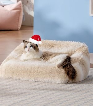 Cute Cat Bed Indoor - Furry Cat Bed Large, Washable Calming Small Dog Beds for Puppy with Fashion Design, 26x21x9inches, Beige Stripe