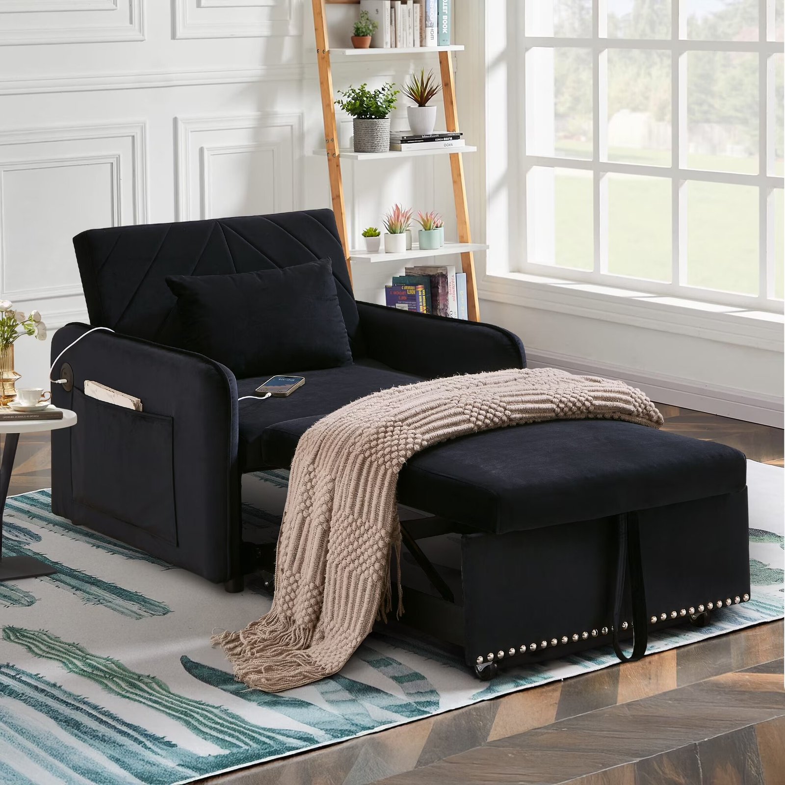 Lunale 3-in-1 Convertible Sleeper Chair Bed. Indoor Lounge Chair with USB/Type-C Charging Ports. Modern Recliner Sofa for Living Room. Gray Velvet - Image 3