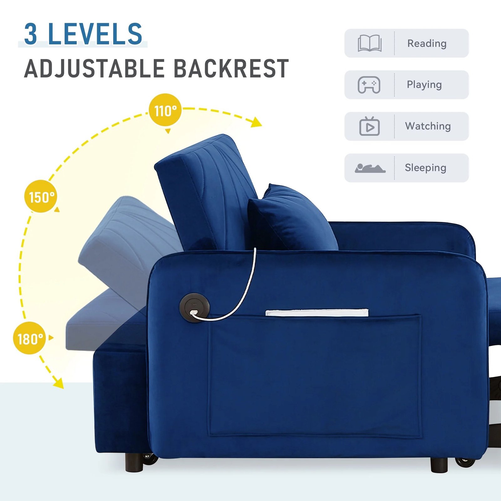 Lunale 3-in-1 Convertible Sleeper Chair Bed. Indoor Lounge Chair with USB/Type-C Charging Ports. Modern Recliner Sofa for Living Room. Gray Velvet - Image 21