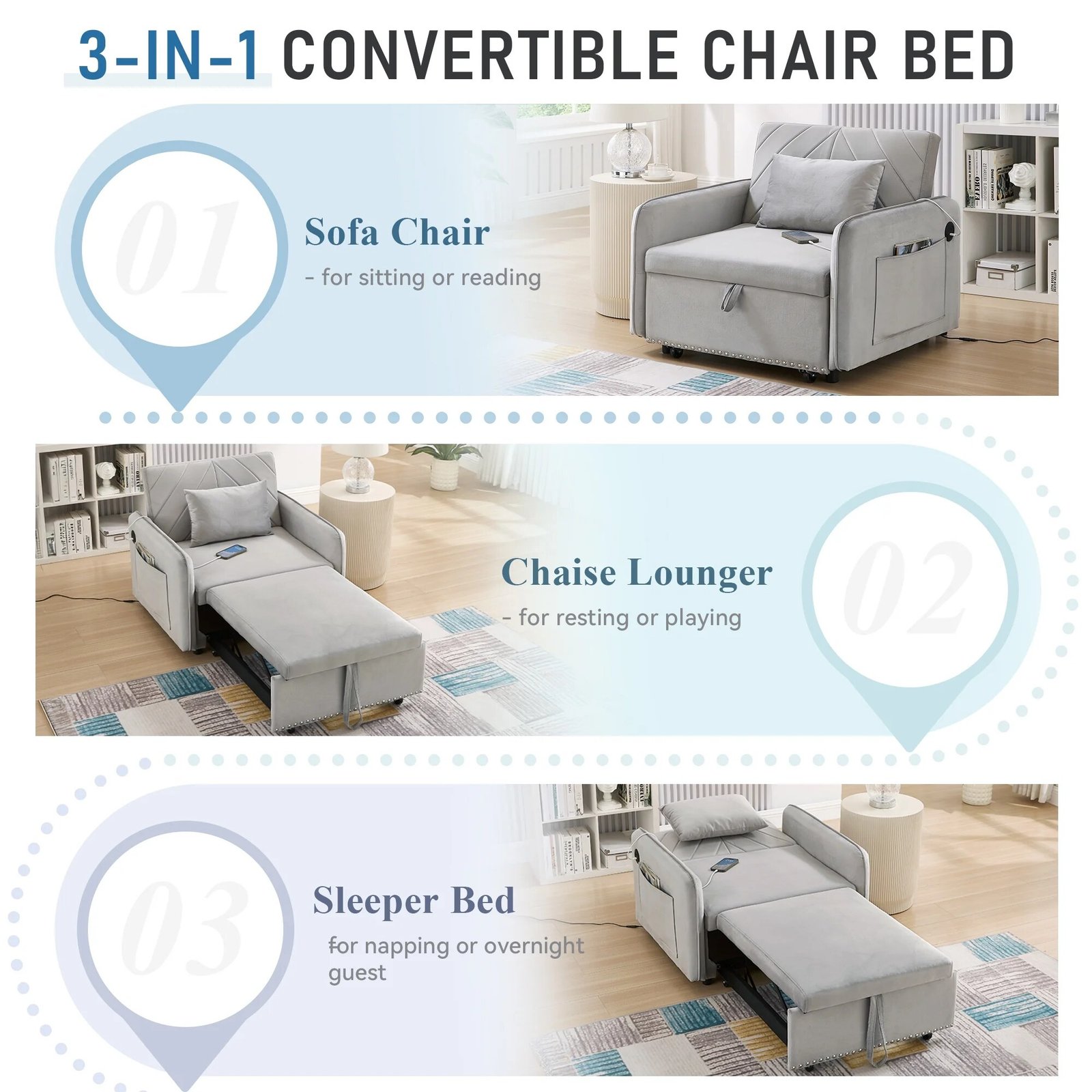Lunale 3-in-1 Convertible Sleeper Chair Bed. Indoor Lounge Chair with USB/Type-C Charging Ports. Modern Recliner Sofa for Living Room. Gray Velvet - Image 2