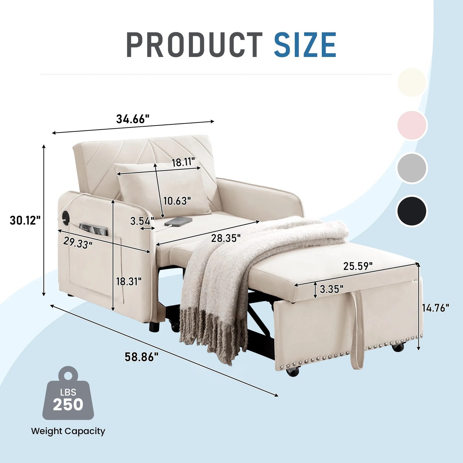 Lunale 3-in-1 Convertible Sleeper Chair Bed. Indoor Lounge Chair with USB/Type-C Charging Ports. Modern Recliner Sofa for Living Room. Gray Velvet - Image 40