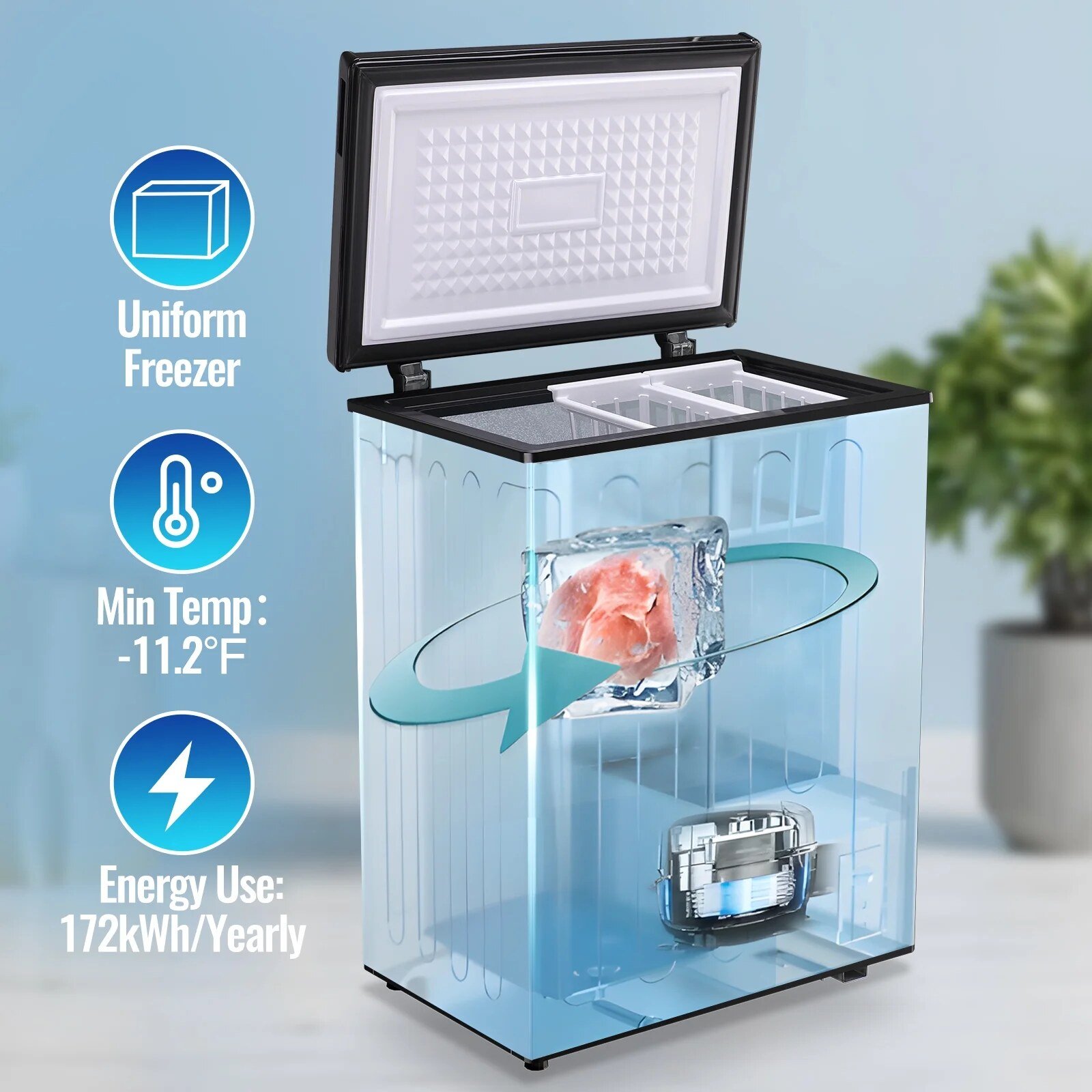 3.6 Cu.ft Chest Mini Freezer with Wheels Deep Freezer for Bulk Storage Top Open Door 2 Removable Baskets 7 Modes Temperature for Home Apartment Kitchen Black - Image 7