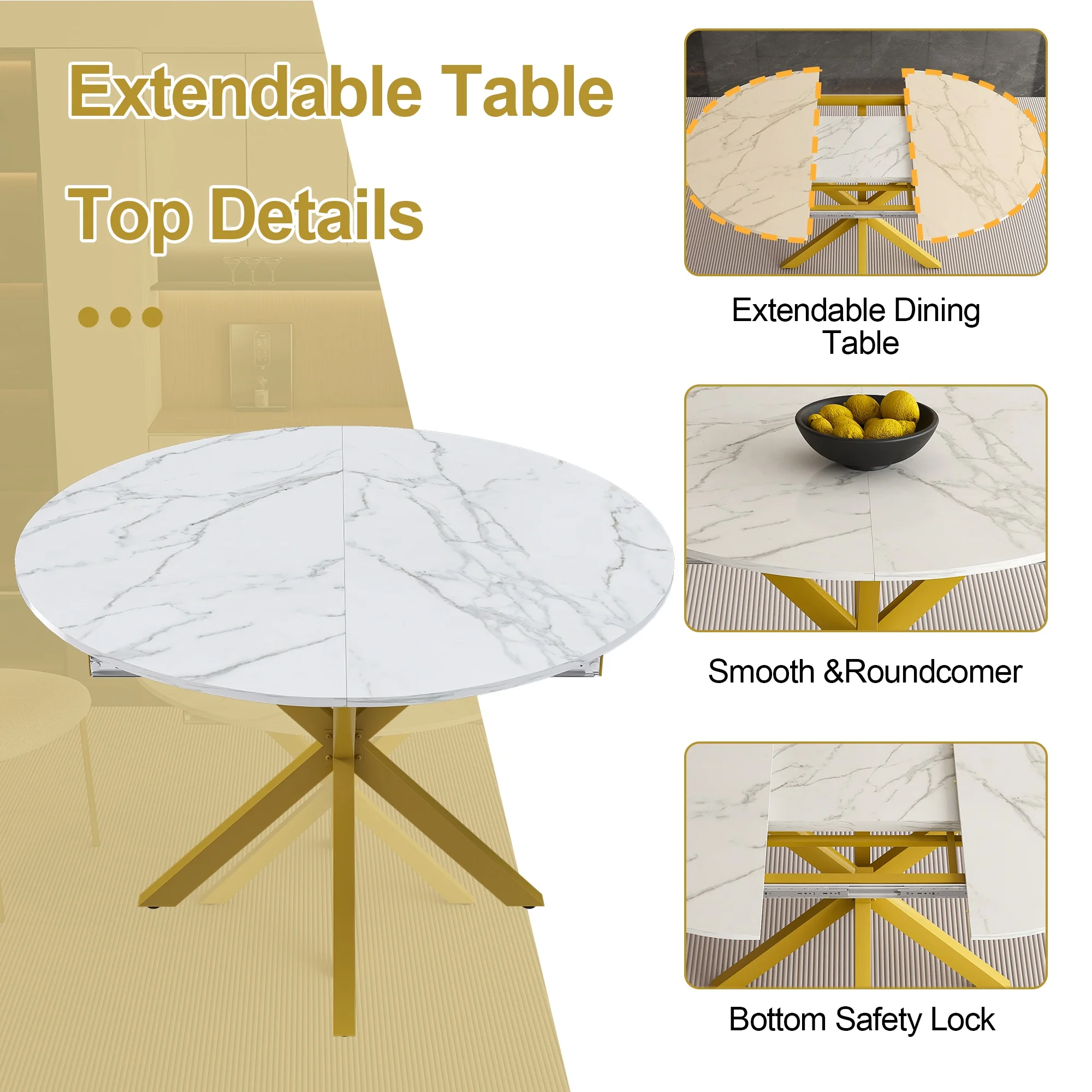 UHOMEPRO Extendable Dining Table with Extendable Blades. Modern Round Kitchen Table with Faux Marble Tabletop. Single Dining Room Table with Carbon Steel X-shaped Base for Dining Room. White+Gold - Image 3