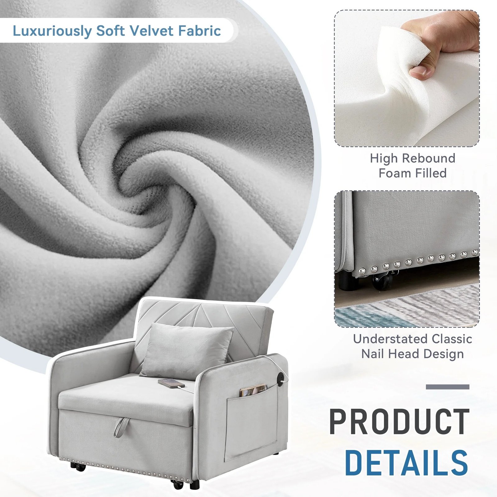 Lunale 3-in-1 Convertible Sleeper Chair Bed. Indoor Lounge Chair with USB/Type-C Charging Ports. Modern Recliner Sofa for Living Room. Gray Velvet - Image 11