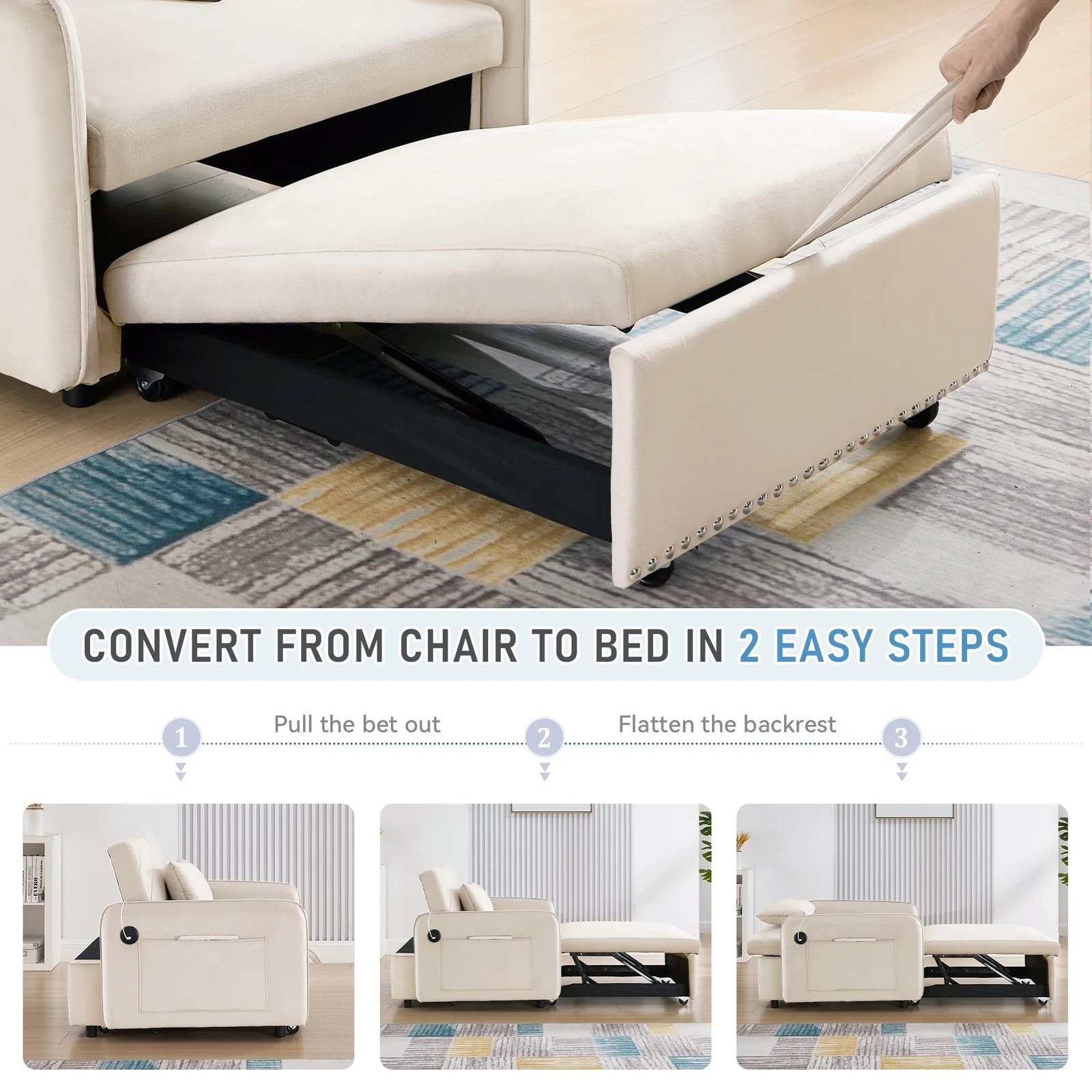 Lunale 3-in-1 Convertible Sleeper Chair Bed. Indoor Lounge Chair with USB/Type-C Charging Ports. Modern Recliner Sofa for Living Room. Gray Velvet - Image 36