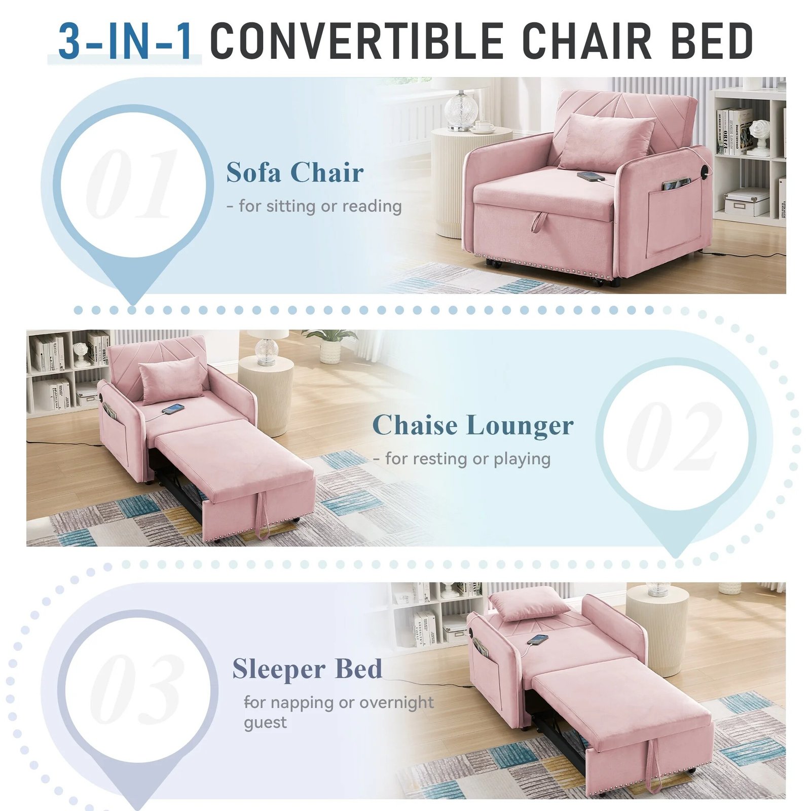 Lunale 3-in-1 Convertible Sleeper Chair Bed. Indoor Lounge Chair with USB/Type-C Charging Ports. Modern Recliner Sofa for Living Room. Gray Velvet - Image 27