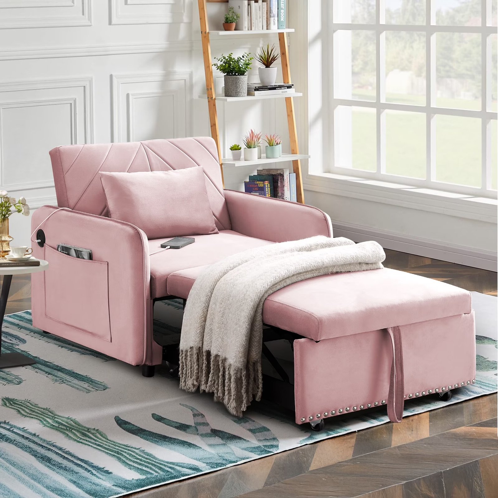 Lunale 3-in-1 Convertible Sleeper Chair Bed. Indoor Lounge Chair with USB/Type-C Charging Ports. Modern Recliner Sofa for Living Room. Gray Velvet - Image 7
