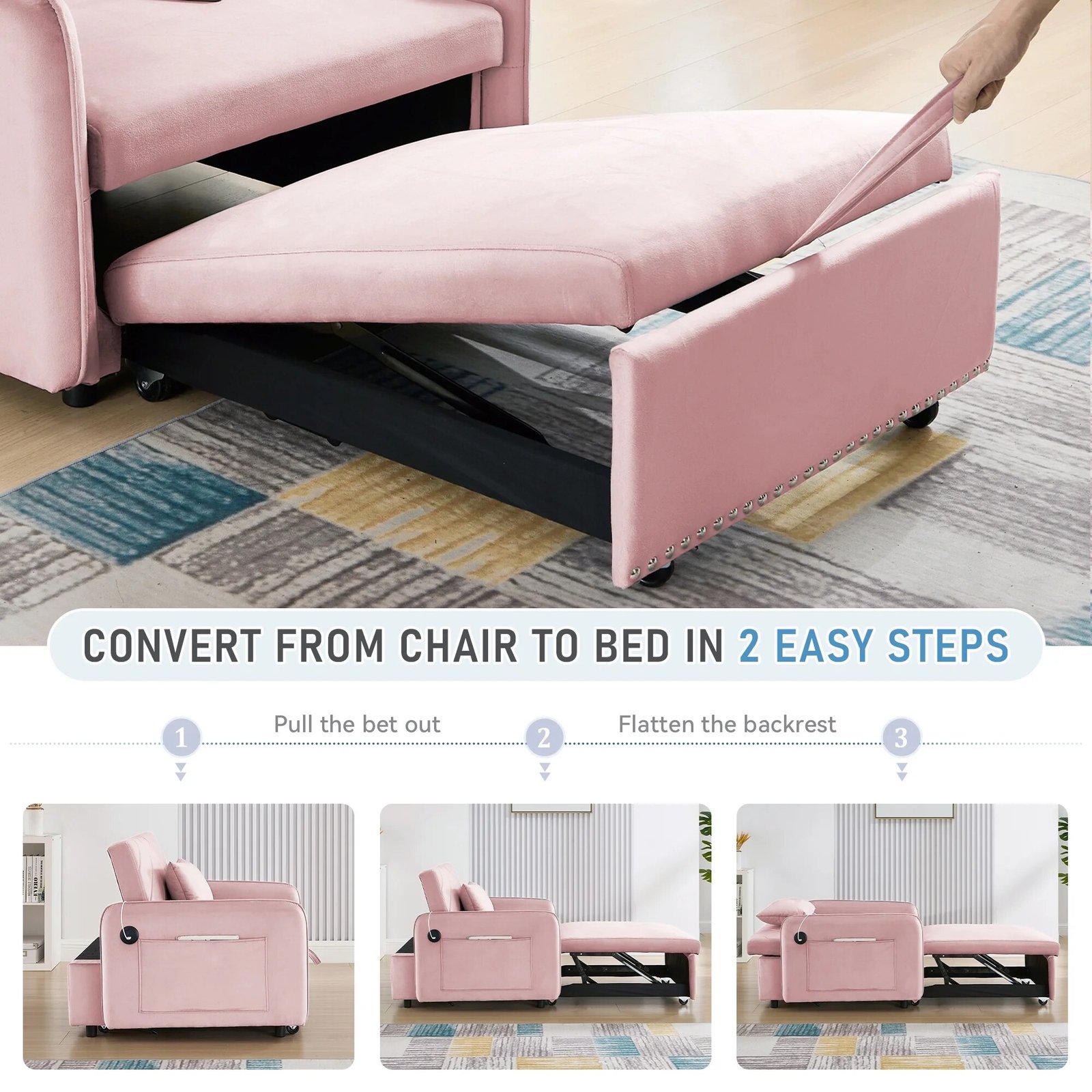 Lunale 3-in-1 Convertible Sleeper Chair Bed. Indoor Lounge Chair with USB/Type-C Charging Ports. Modern Recliner Sofa for Living Room. Gray Velvet - Image 29