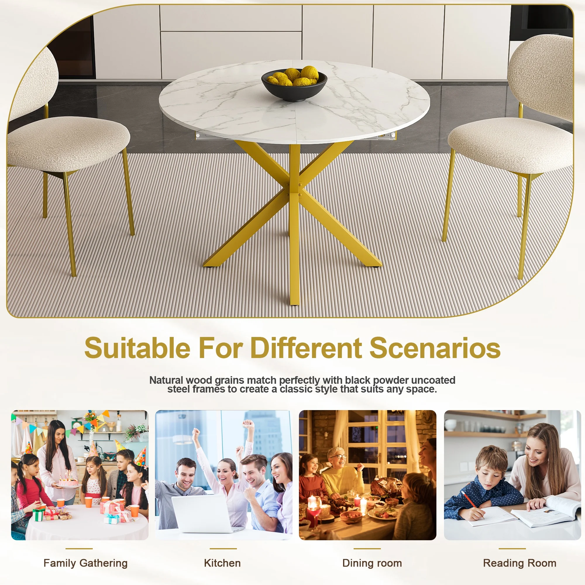 UHOMEPRO Extendable Dining Table with Extendable Blades. Modern Round Kitchen Table with Faux Marble Tabletop. Single Dining Room Table with Carbon Steel X-shaped Base for Dining Room. White+Gold - Image 4