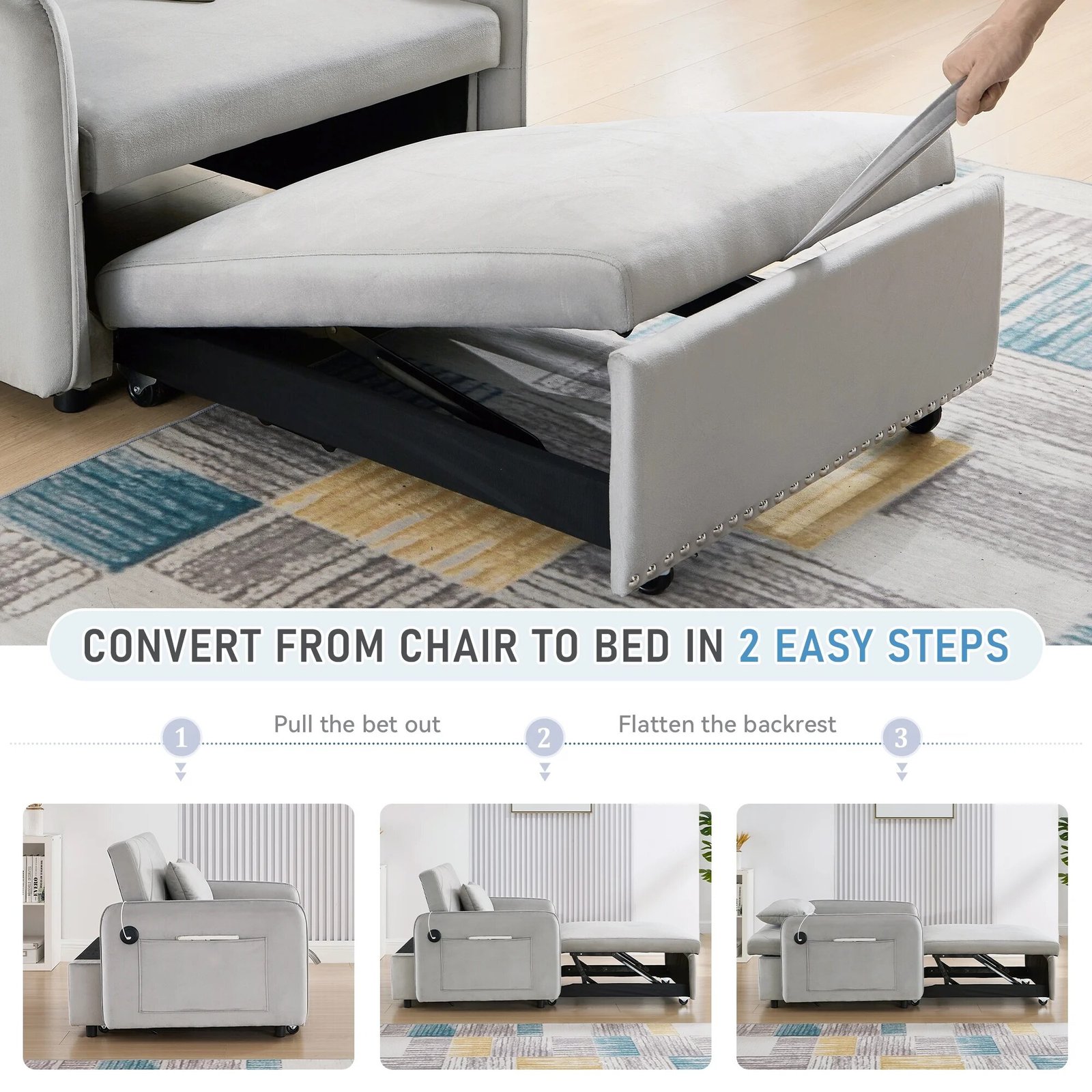 Lunale 3-in-1 Convertible Sleeper Chair Bed. Indoor Lounge Chair with USB/Type-C Charging Ports. Modern Recliner Sofa for Living Room. Gray Velvet - Image 6
