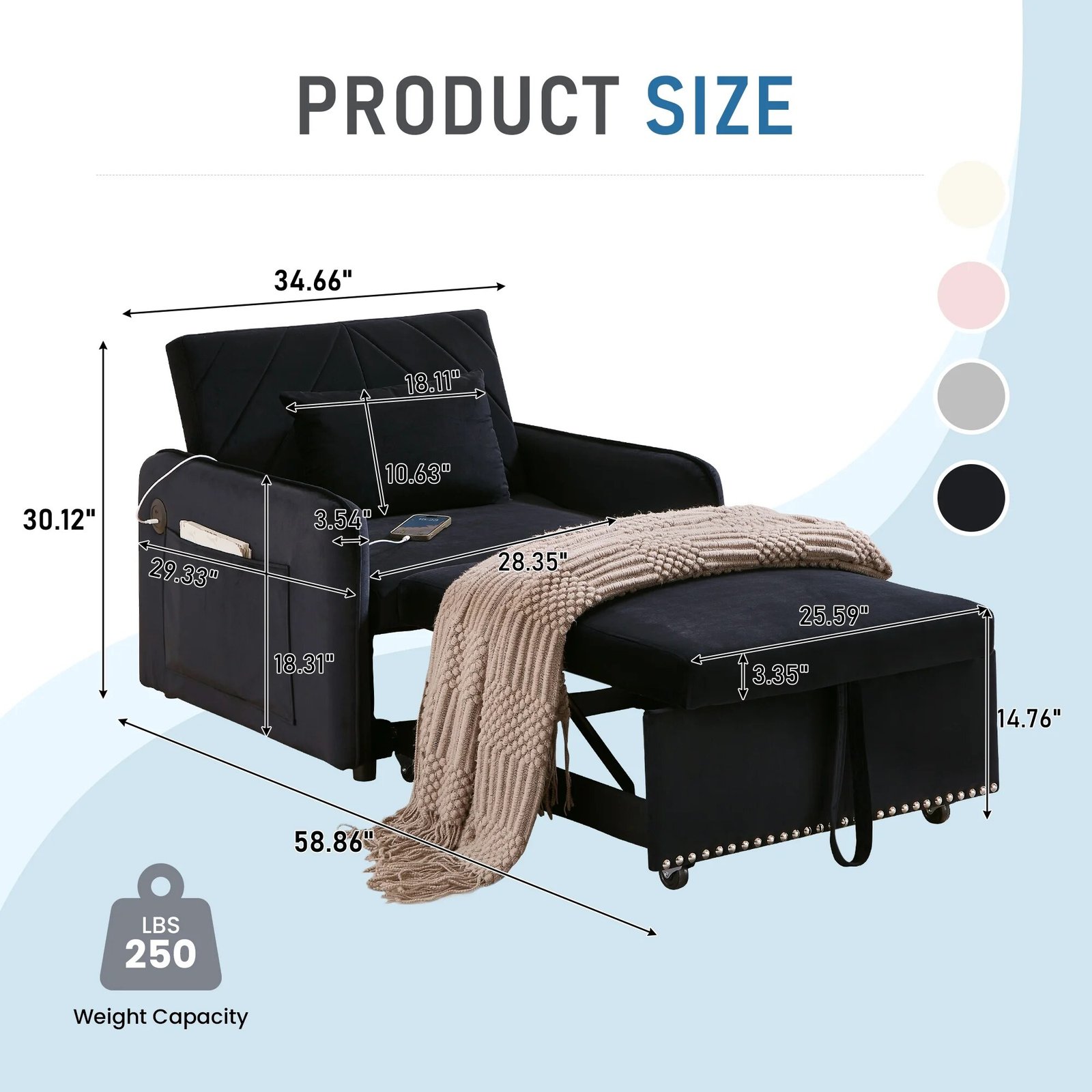 Lunale 3-in-1 Convertible Sleeper Chair Bed. Indoor Lounge Chair with USB/Type-C Charging Ports. Modern Recliner Sofa for Living Room. Gray Velvet - Image 19