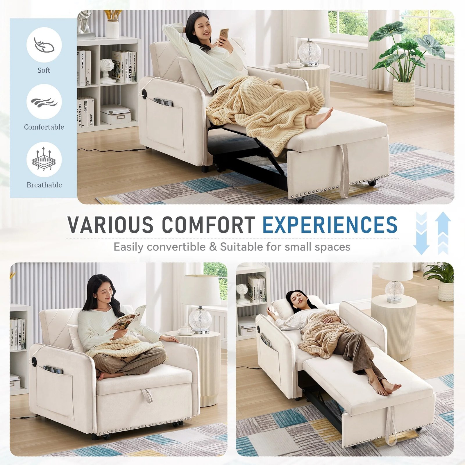 Lunale 3-in-1 Convertible Sleeper Chair Bed. Indoor Lounge Chair with USB/Type-C Charging Ports. Modern Recliner Sofa for Living Room. Gray Velvet - Image 37