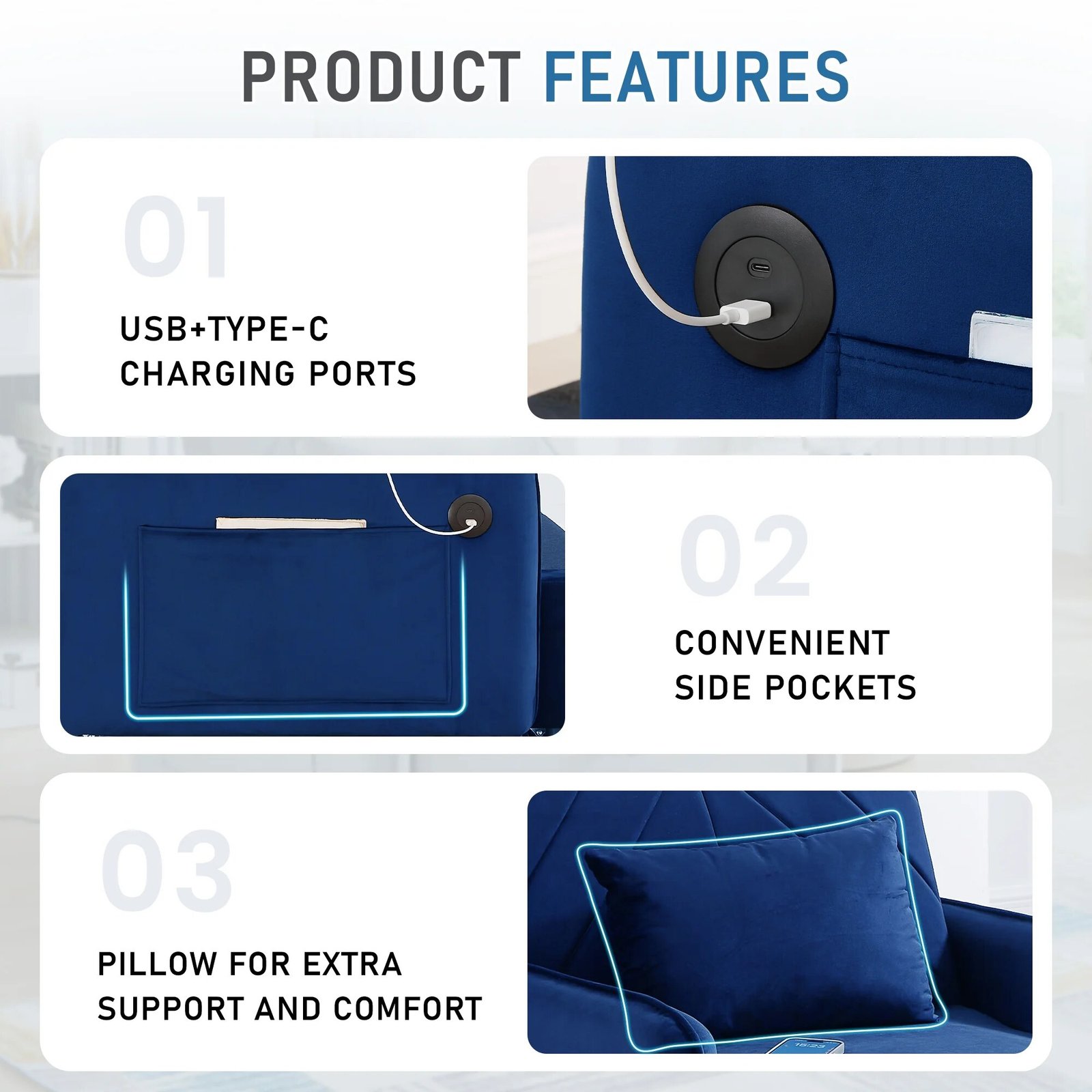 Lunale 3-in-1 Convertible Sleeper Chair Bed. Indoor Lounge Chair with USB/Type-C Charging Ports. Modern Recliner Sofa for Living Room. Gray Velvet - Image 24