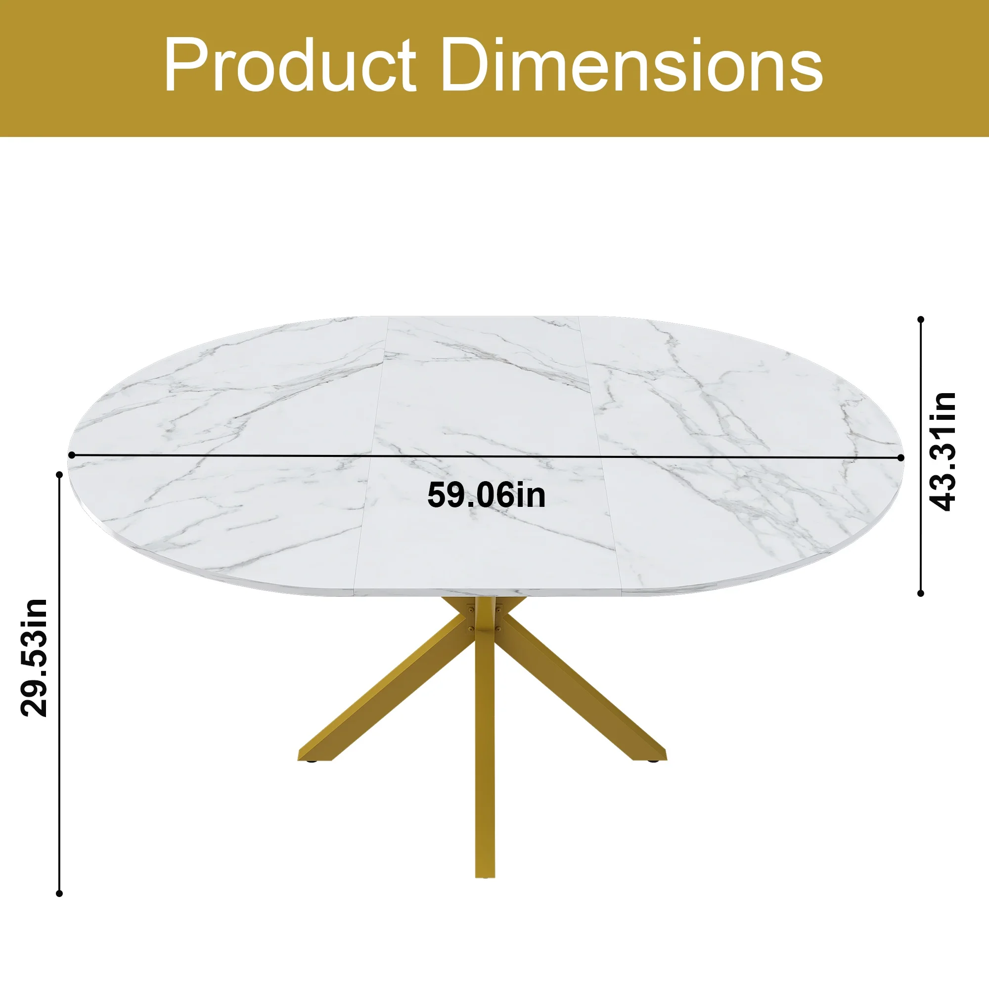 UHOMEPRO Extendable Dining Table with Extendable Blades. Modern Round Kitchen Table with Faux Marble Tabletop. Single Dining Room Table with Carbon Steel X-shaped Base for Dining Room. White+Gold - Image 8