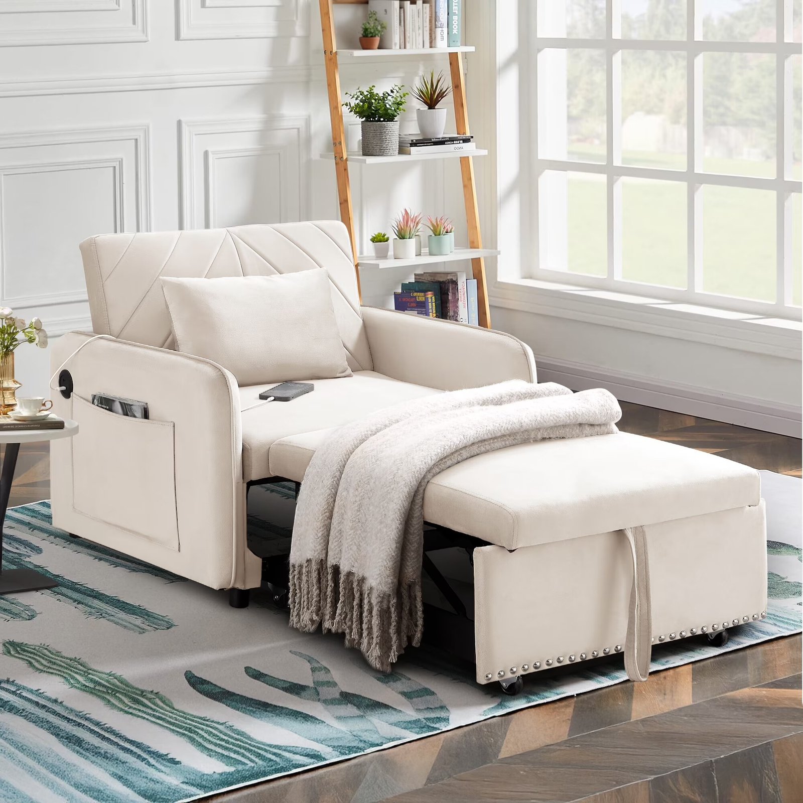 Lunale 3-in-1 Convertible Sleeper Chair Bed. Indoor Lounge Chair with USB/Type-C Charging Ports. Modern Recliner Sofa for Living Room. Gray Velvet - Image 9
