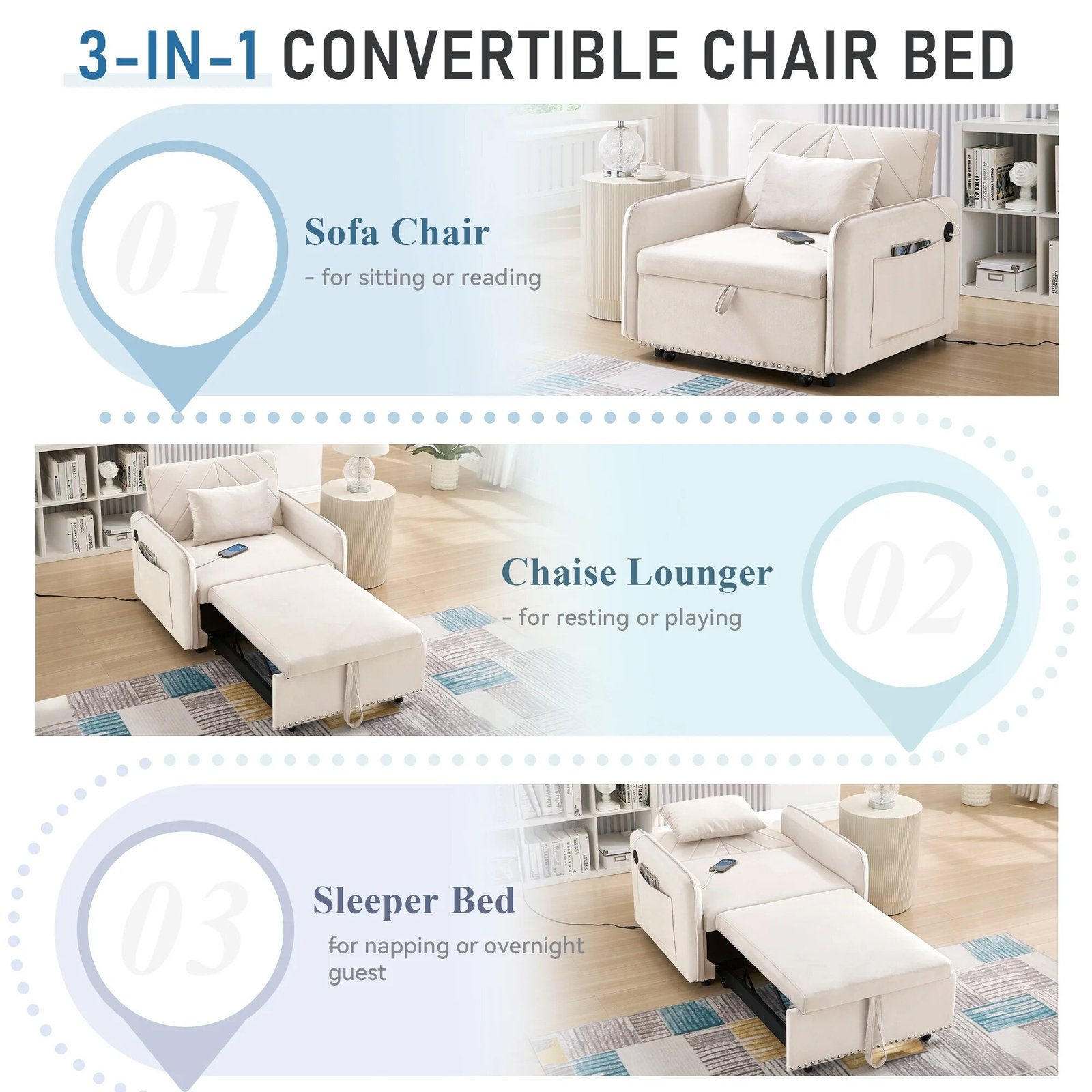 Lunale 3-in-1 Convertible Sleeper Chair Bed. Indoor Lounge Chair with USB/Type-C Charging Ports. Modern Recliner Sofa for Living Room. Gray Velvet - Image 34