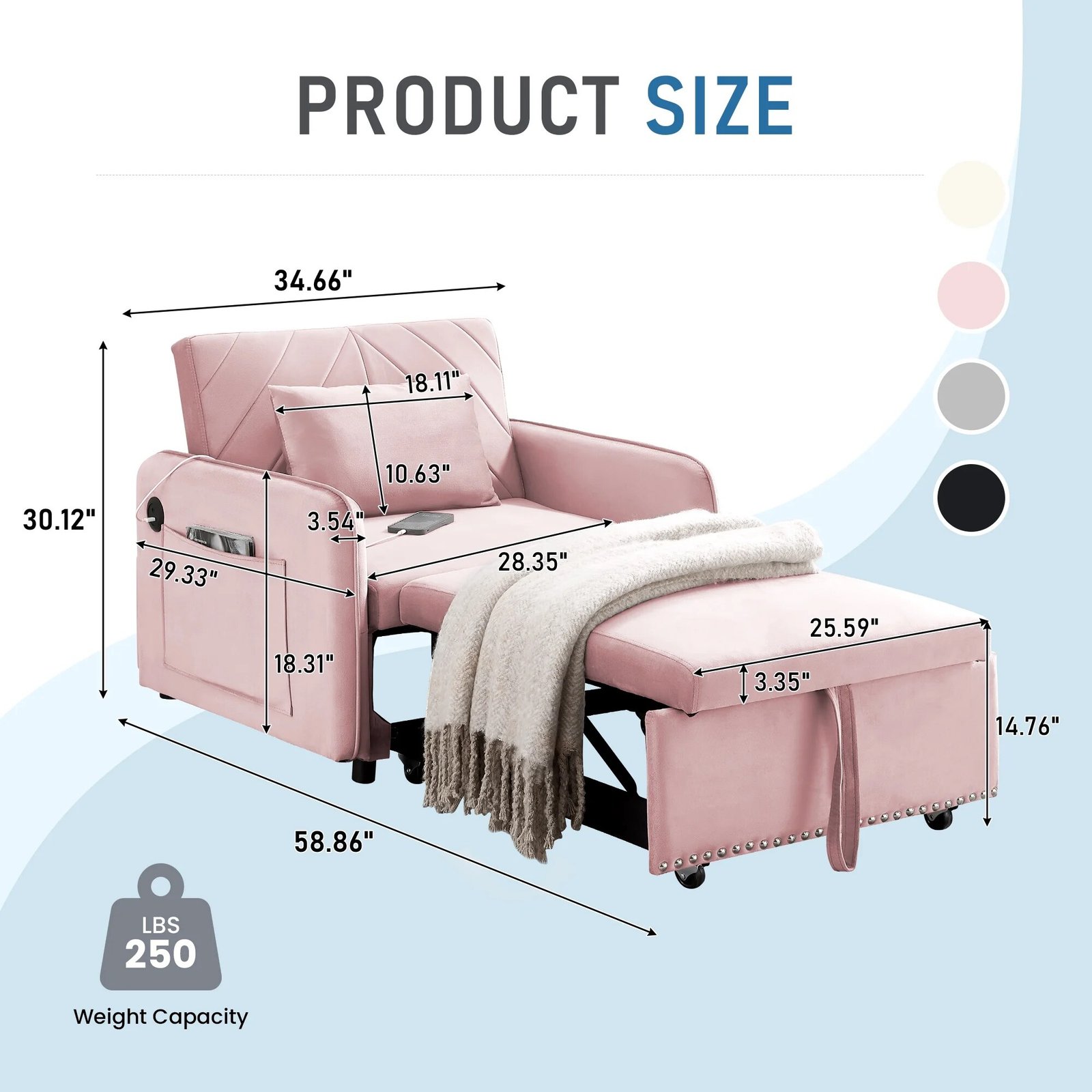 Lunale 3-in-1 Convertible Sleeper Chair Bed. Indoor Lounge Chair with USB/Type-C Charging Ports. Modern Recliner Sofa for Living Room. Gray Velvet - Image 33